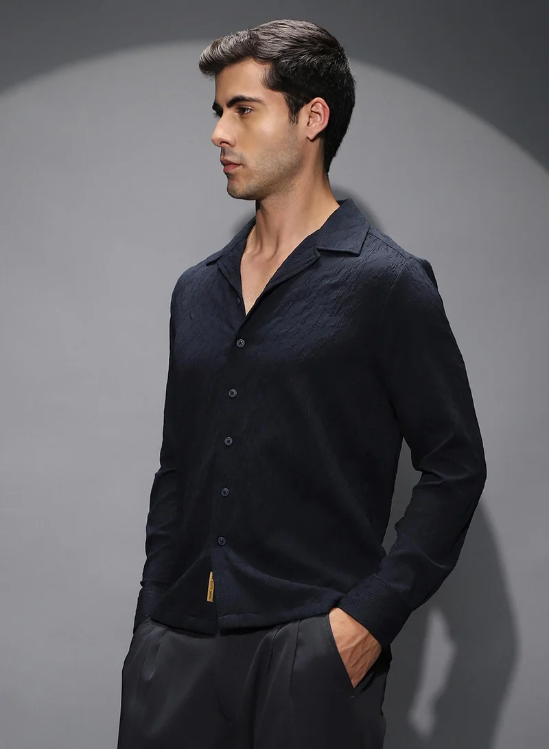 Campus Sutra Campus Sutra Men's Midnight Black Textured-Cuban Shirt For Casual Wear | Cuban Collar | Long Cuffed Sleeves | Button Closure | Shirt Shirt Crafted With Comfort Fit For Everyday Wear