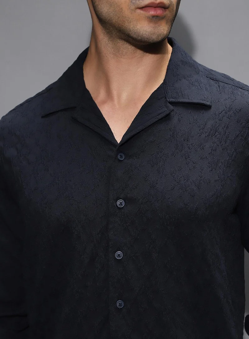 Campus Sutra Campus Sutra Men's Midnight Black Textured-Cuban Shirt For Casual Wear | Cuban Collar | Long Cuffed Sleeves | Button Closure | Shirt Shirt Crafted With Comfort Fit For Everyday Wear