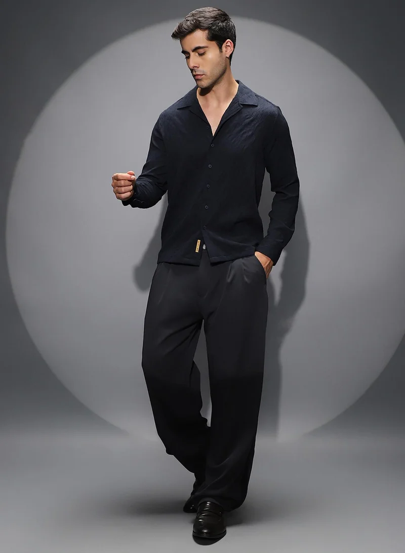 Campus Sutra Campus Sutra Men's Midnight Black Textured-Cuban Shirt For Casual Wear | Cuban Collar | Long Cuffed Sleeves | Button Closure | Shirt Shirt Crafted With Comfort Fit For Everyday Wear