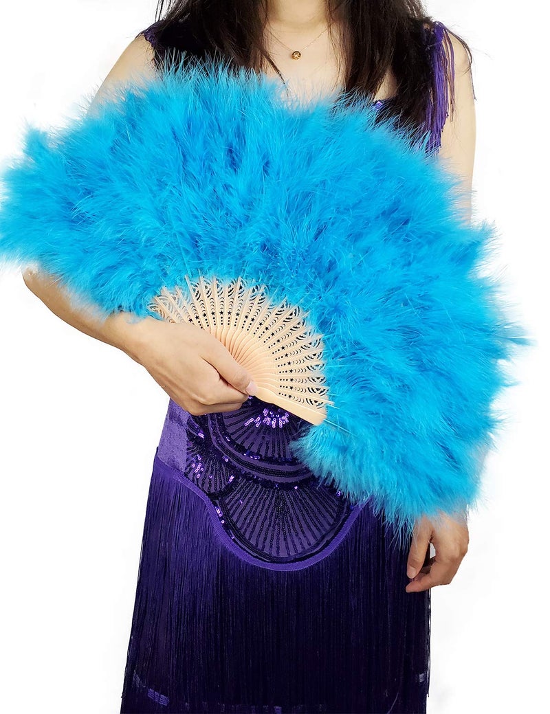 Happy Feather Handheld Marabou Feather Fan 1920s Vintage Style Flapper Hand Fan for Costume Party and DancingAcid Blue