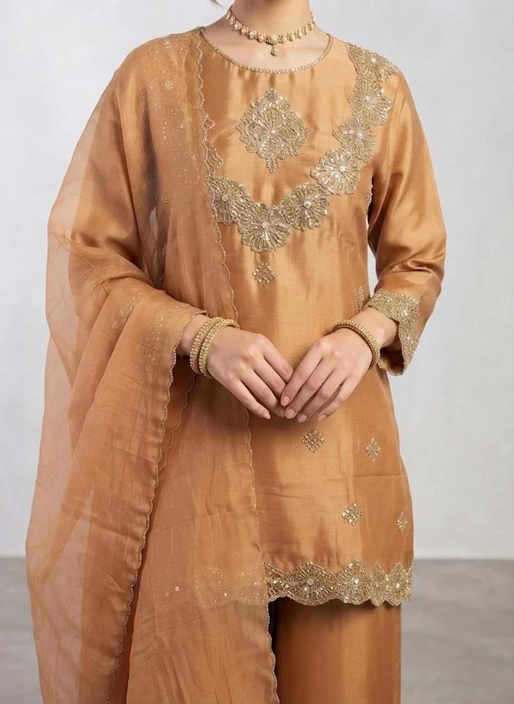 Viny VINY Orange 3-Piece Embellished Suit Set – Women's Indian Ethnic Wear
