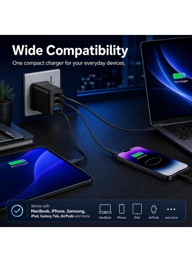 بست وان شاحن سريع بتقنية GaN بقوة 65 واط بمنفذ USB-C، شاحن جداري بثلاثة منافذ USB-C وUSB-A، محول شحن سريع بتقنية PD 3.0 وPPS وQC، قابس بريطاني صغير الحجم بتصميم قابل للطي، متوافق مع MacBook Pro/Air، وiPhone 17/17 Pro/16/15، وiPad، وGalaxy S26/S25، وDell XPS، وSteam Deck، وغيرها. - Image 3