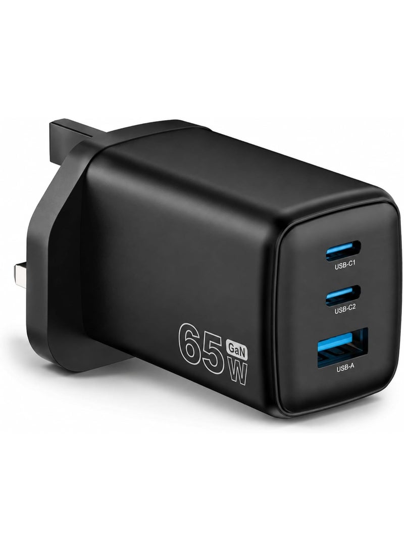 بست وان شاحن سريع بتقنية GaN بقوة 65 واط بمنفذ USB-C، شاحن جداري بثلاثة منافذ USB-C وUSB-A، محول شحن سريع بتقنية PD 3.0 وPPS وQC، قابس بريطاني صغير الحجم بتصميم قابل للطي، متوافق مع MacBook Pro/Air، وiPhone 17/17 Pro/16/15، وiPad، وGalaxy S26/S25، وDell XPS، وSteam Deck، وغيرها. - Image 1