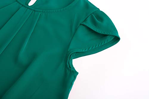 TASAMO Women's Casual Round Neck Basic Pleated Top Cap Sleeve Curved Keyhole Back Chiffon Blouse (Large, Dark Green) - Image 4