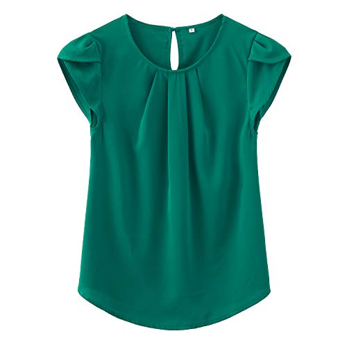 TASAMO Women's Casual Round Neck Basic Pleated Top Cap Sleeve Curved Keyhole Back Chiffon Blouse (Large, Dark Green) - Image 1