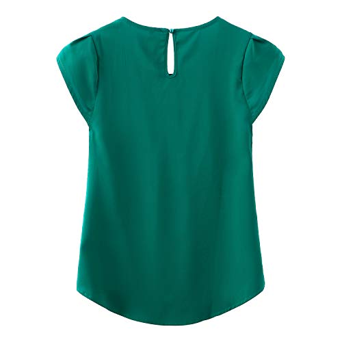 TASAMO Women's Casual Round Neck Basic Pleated Top Cap Sleeve Curved Keyhole Back Chiffon Blouse (Large, Dark Green) - Image 2