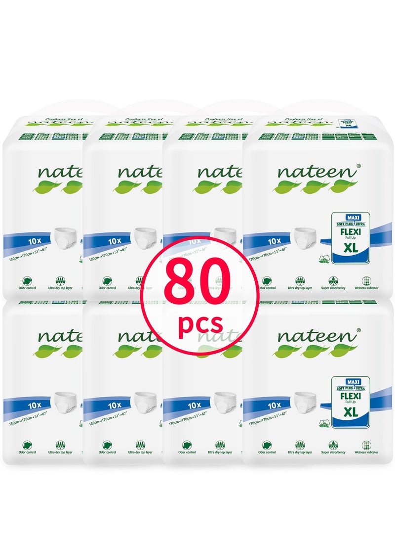 nateen حفاضات Flexi Maxi للبالغين، حفاضات سحب ليلية لسلس البول، كبيرة جدًا، مقاس الخصر 130-170 سم، 80 قطعة من حفاضات السحب للبالغين، راحة فائقة، مزيج ممتاز من الحماية. (80 قطعة)  - Image 1