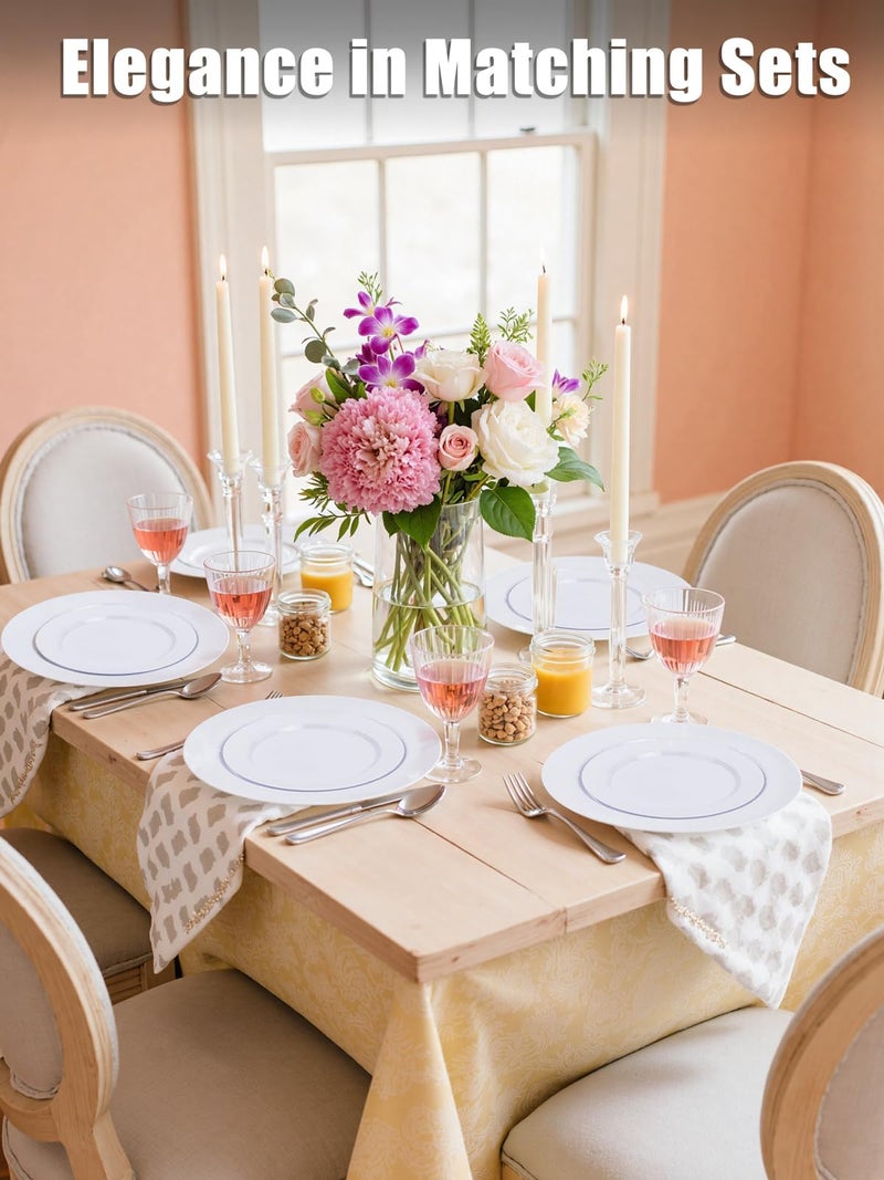 WDF 200pcs White Plastic Plates Disposable - Heavy Duty Plastic Plates for Party - Include 100 x 10 Dinner Plate and 100 x 7 Dessert/Cake Plate - Ideal for Weddings/Parties/Events - Image 2