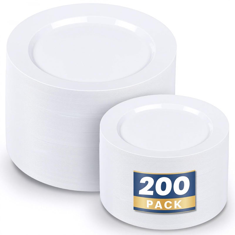 WDF 200pcs White Plastic Plates Disposable - Heavy Duty Plastic Plates for Party - Include 100 x 10 Dinner Plate and 100 x 7 Dessert/Cake Plate - Ideal for Weddings/Parties/Events - Image 1