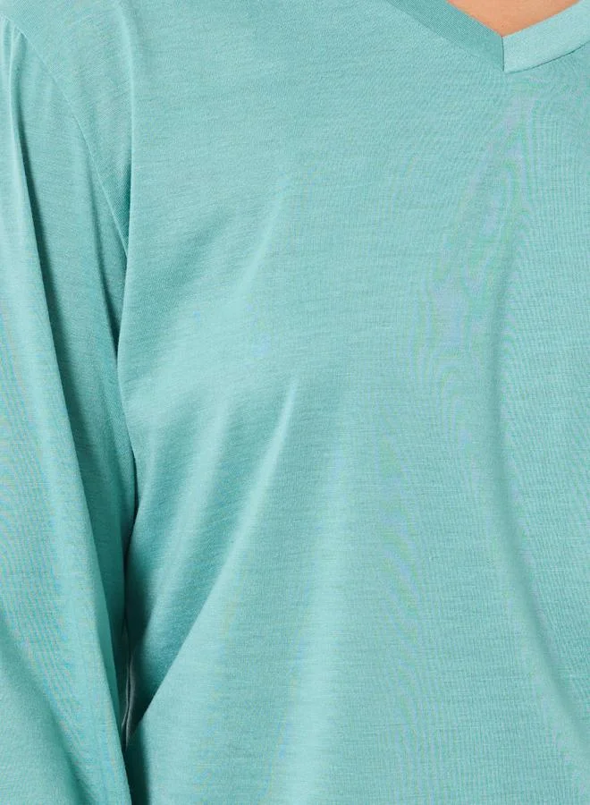 ستايلي طقم بيجاما من بنطال كاروهات مع تيشيرت سادة بأكمام طويلة