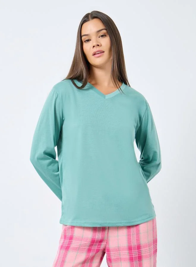Styli Solid Long Sleeves T-Shirt and Checked Pyjama Set