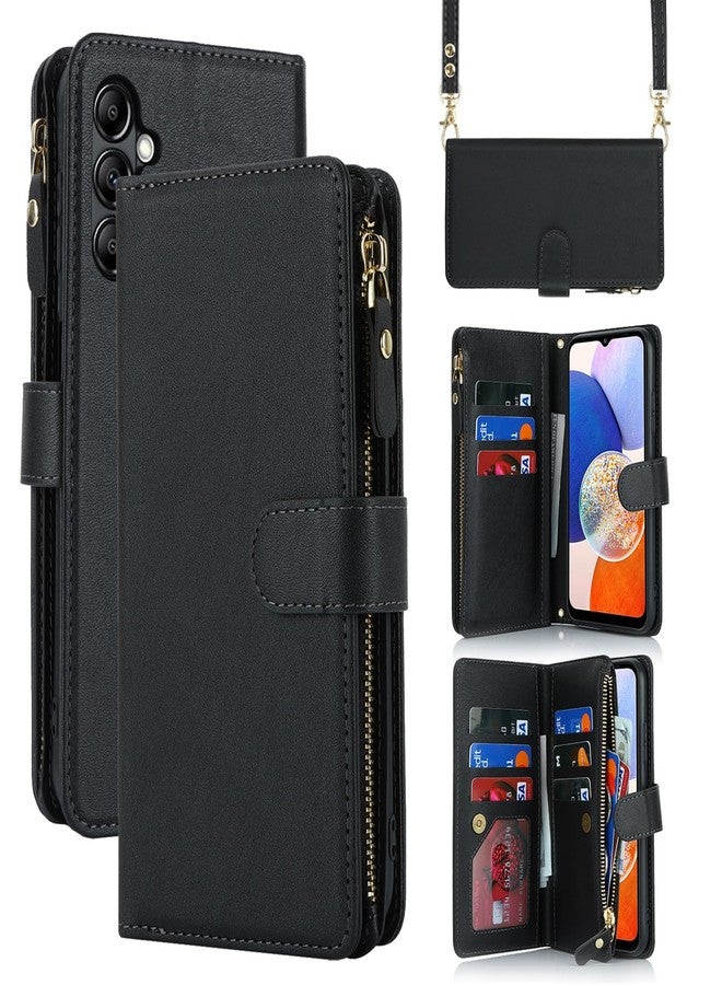 Jaorty Fit for Samsung Galaxy A14 (5G 2023) Wallet Case for Women & Men with Strap,Galaxy A14 Crossbody Phone Case with Card Holder,Shoulder Lanyard,Zipper PU Leather Case 6.6",Black - Image 1
