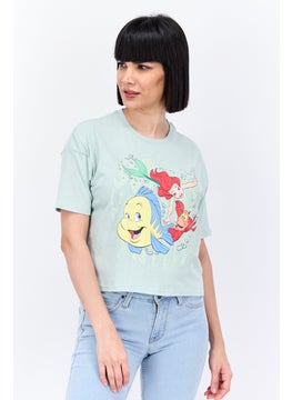 UNDIZ Women Crew Neck Short Sleeve The Little Mermaid Graphic Top , Sage Combo  - Image 1