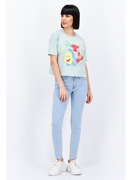 UNDIZ Women Crew Neck Short Sleeve The Little Mermaid Graphic Top , Sage Combo  - Image 3