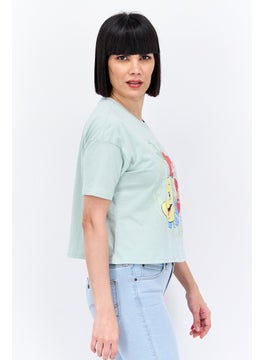 UNDIZ Women Crew Neck Short Sleeve The Little Mermaid Graphic Top , Sage Combo  - Image 2