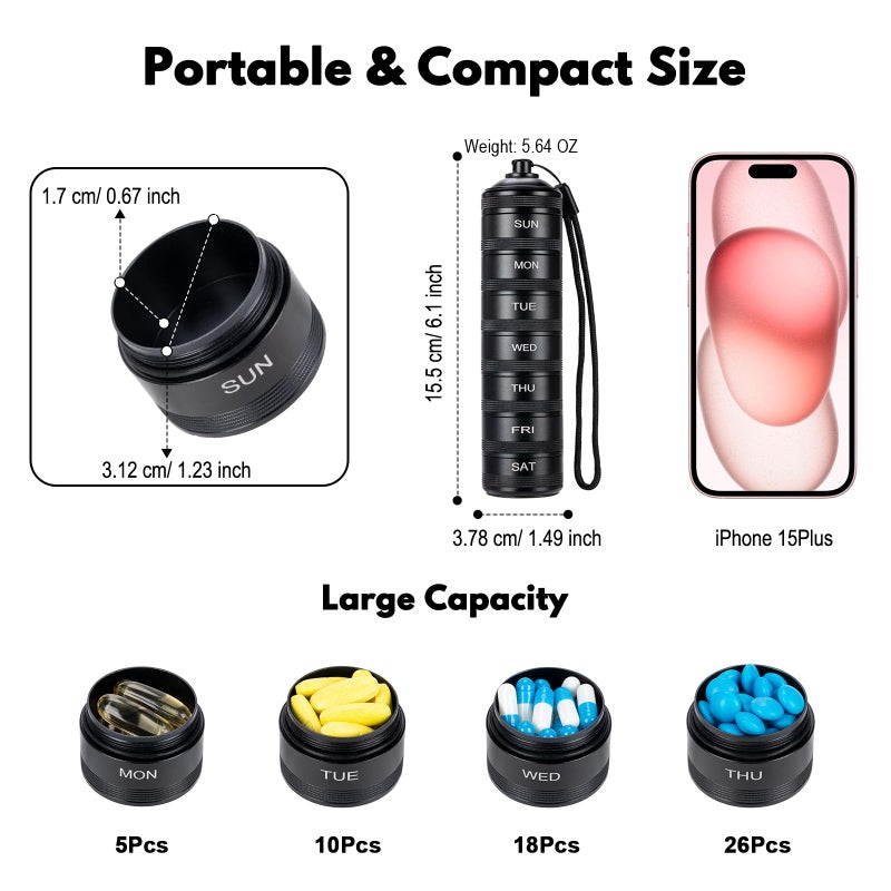SOBAHIDO Weekly Metal Travel Pill Organizer - 7 Day Pill Box, Waterproof Pill Case, Aluminum Alloy Pill Container, Portable Pill Holder for Medicine, Supplement, Fish Oil - Image 2