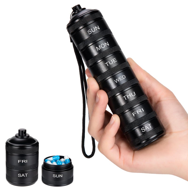 SOBAHIDO Weekly Metal Travel Pill Organizer - 7 Day Pill Box, Waterproof Pill Case, Aluminum Alloy Pill Container, Portable Pill Holder for Medicine, Supplement, Fish Oil - Image 1