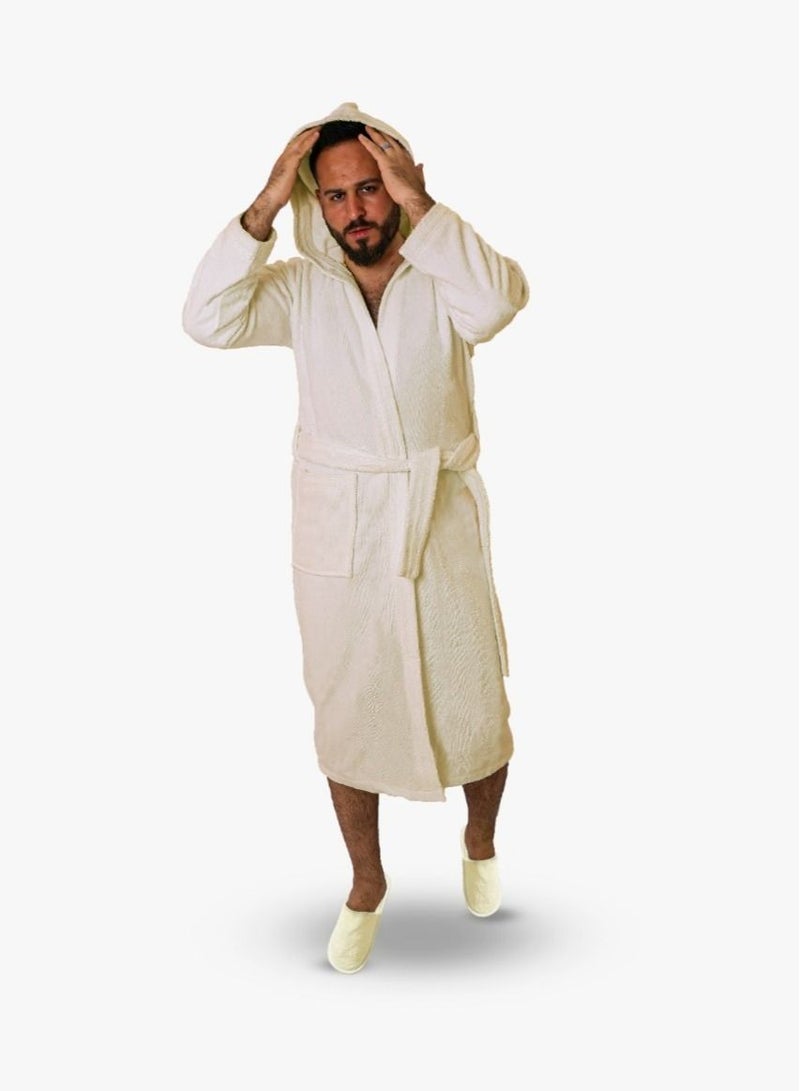 Banotex Men's soft cotton bathrobe with a pocket and a waist belt with a distinctive slipper in an elegant design in off-white color multi-size  - Image 1