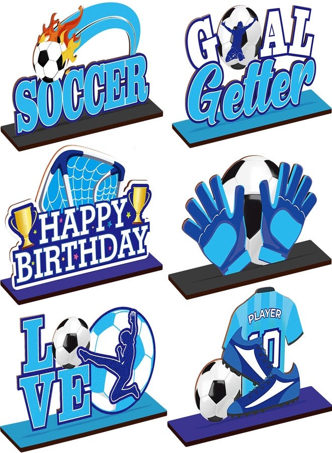TagreSpike 6 PCS Soccer Ball Birthday Table Decorations Blue White Birthday Table Centerpiece Wooden Sign Soccer Football Theme Birthday Party Decor Detachable Football Tabletop Decor for Boys Kids Bday Party - Image 1