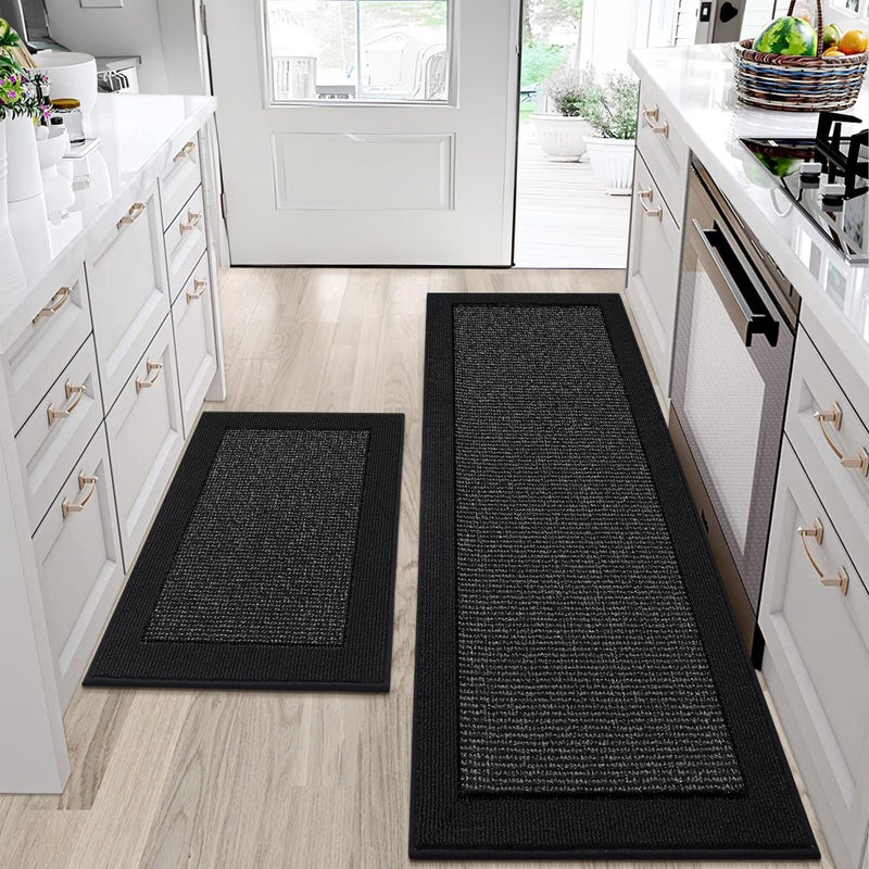 BEQHAUSE Kitchen Rugs and Mats Set of 2 Non-Slip Kitchen Mats for Floor, Absorbent and Stain Resistant Kitchen Runner, Machine Washable Rugs for Kitchen, Laundry & Sink, 24"x36"+24"x60", Black - Image 1