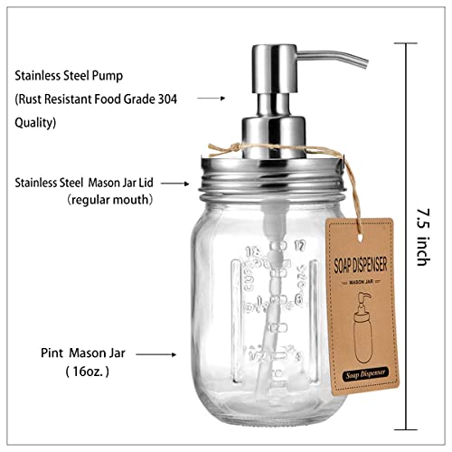 Amolliar Mason Jar Liquid Soap Dispenser, Rustproof Stainless Steel Pump Lid, Refillable Hand Soap for Bathroom, Dish Soap Dispenser for Kitchen, Bath, Waterproof Stickers,16Oz Brushed Nickel(2 Pack) - Image 2