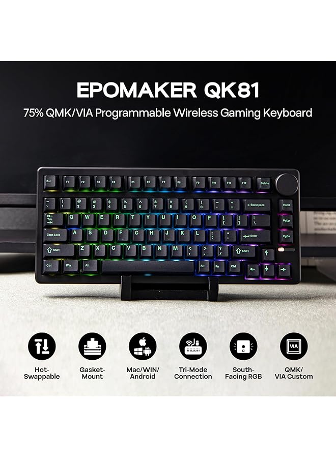 EPOMAKER Qk81 75% Wireless Mechanical Gaming Keyboard Qmk/Via Programmable And Hot Swappable 81 Keys With Metal Knob 2.4Ghz/Bt/Usb Creamy Gasket Mount Rgb Backlight (Black Wisteria Switch) - Image 2
