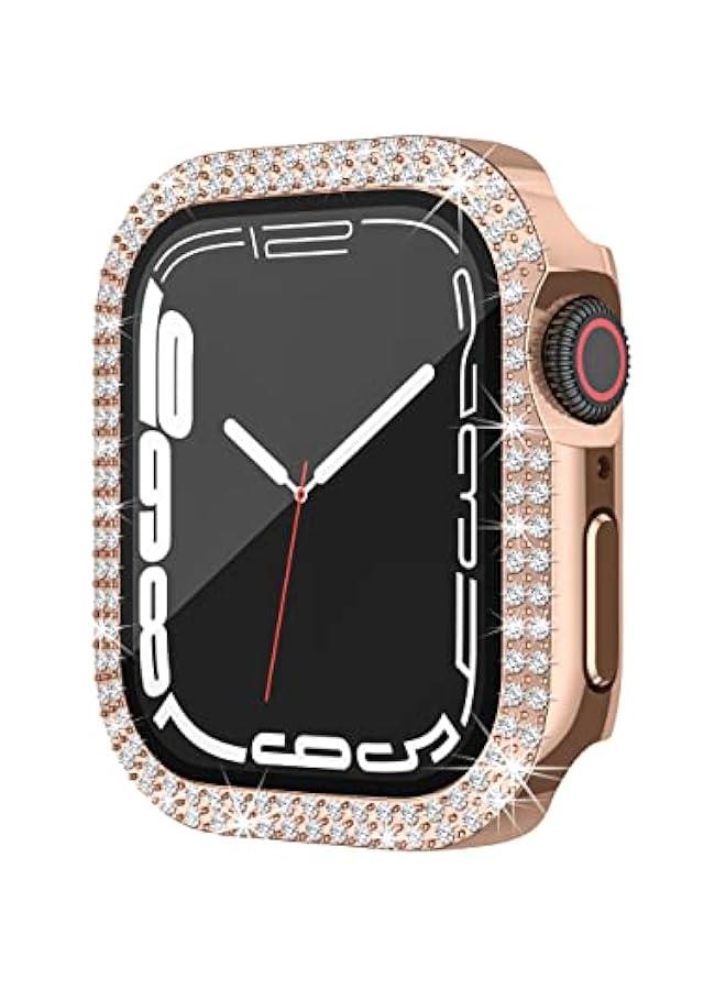 Compatible for Apple Watch Case Built in Tempered Glass Screen Protector 45mm Series 9 8 7 Crystal Diamond Rhinestone Bumper Bling Cases iWatch Protective Cover for Women Girls, Rose Gold - Image 2