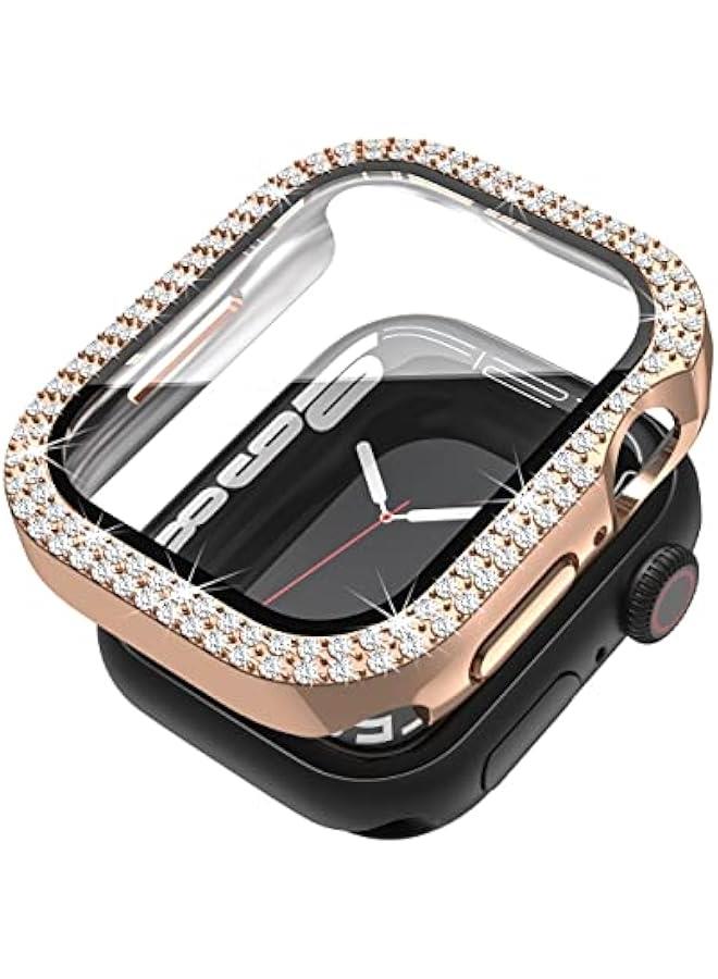 Compatible for Apple Watch Case Built in Tempered Glass Screen Protector 45mm Series 9 8 7 Crystal Diamond Rhinestone Bumper Bling Cases iWatch Protective Cover for Women Girls, Rose Gold - Image 1