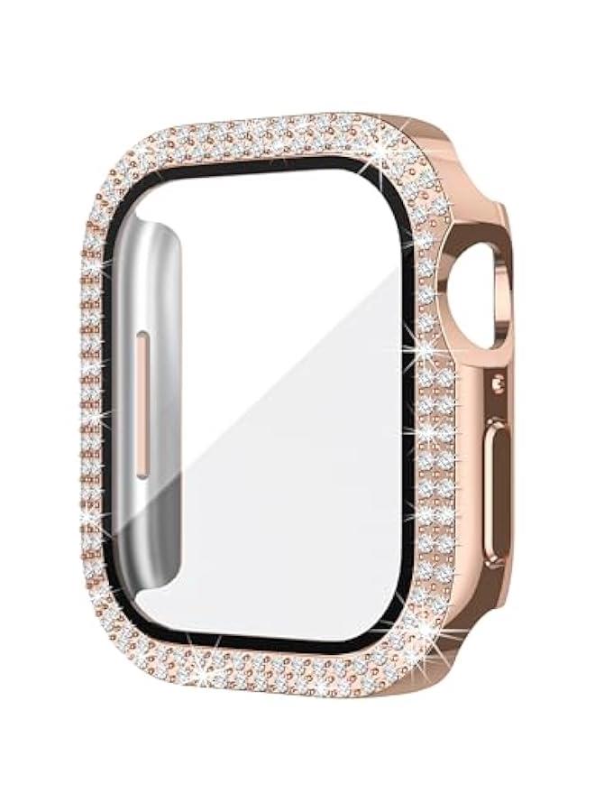 Compatible for Apple Watch Case Built in Tempered Glass Screen Protector 45mm Series 9 8 7 Crystal Diamond Rhinestone Bumper Bling Cases iWatch Protective Cover for Women Girls, Rose Gold - Image 4