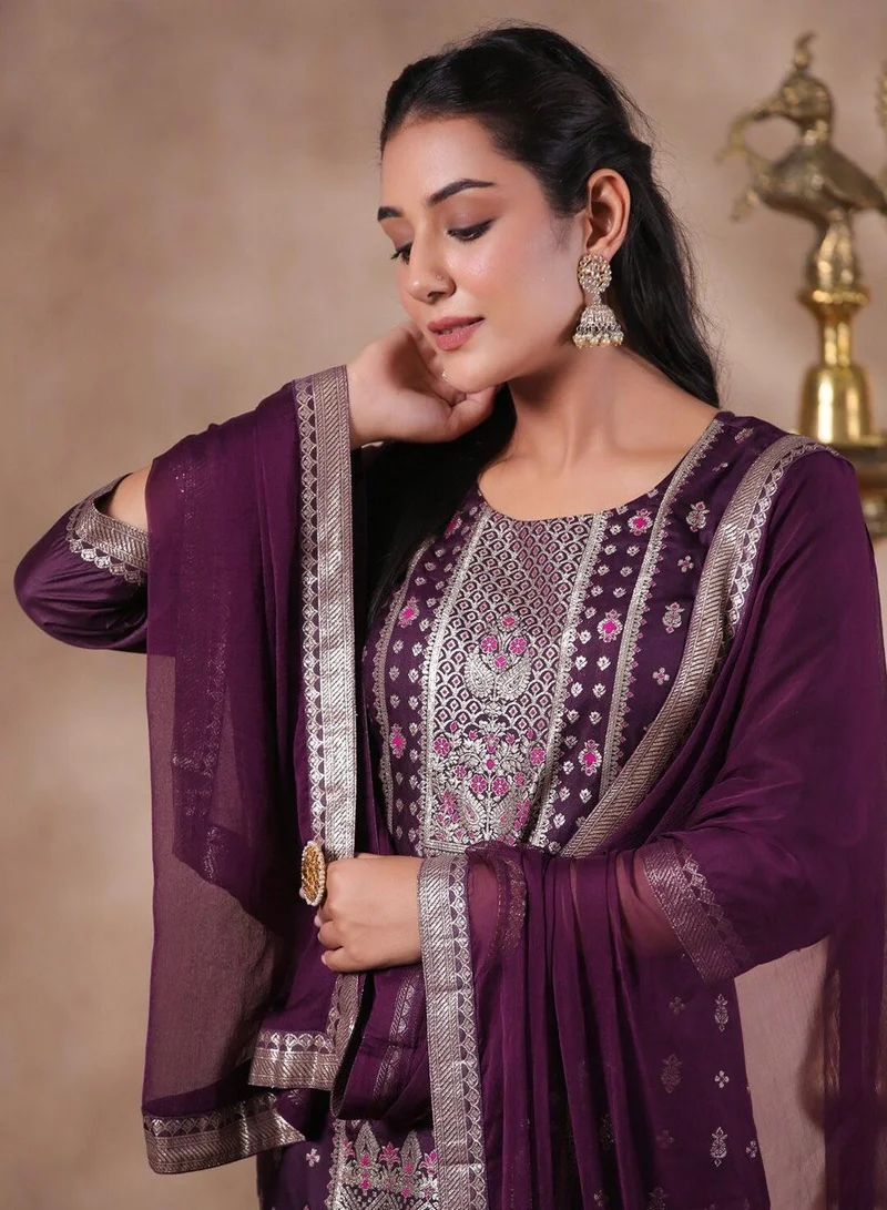 آي شين Women's Purple Silk Embellished Regular Fit Kurta Set