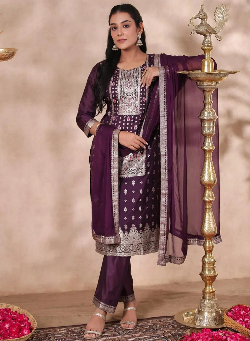 آي شين Women's Purple Silk Embellished Regular Fit Kurta Set