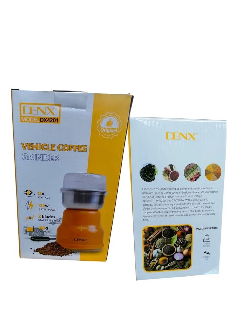 Denx Portable Mini Coffee Grinder Lightweight Multifunctional Stainless Steel 12V 120W 80g Capacity for Coffee Beans and Spices - Image 1