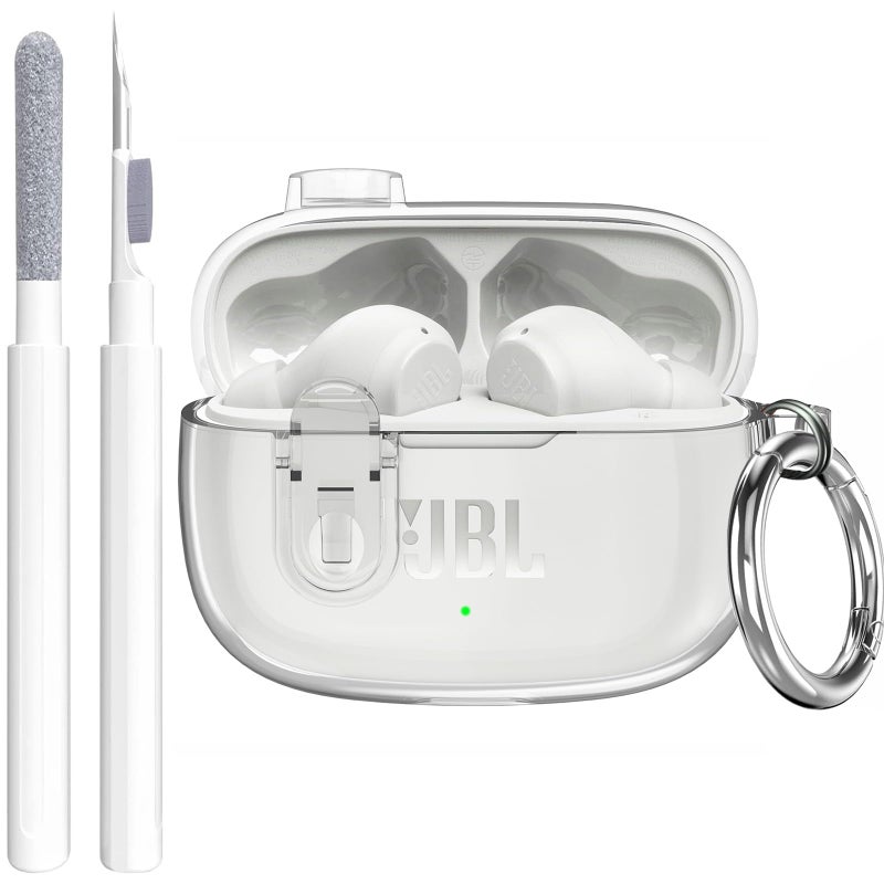 OTOPO Compatible with JBL Vibe 200TWS/JBL Vibe Beam/Beam 2 Case Cover Clear Lock Clip with Cleaner Kit, Transparent TPU Protective Cover Men Women with Carabiner for JBL Vibe Beam 2 Charging Case - Clear - Image 1