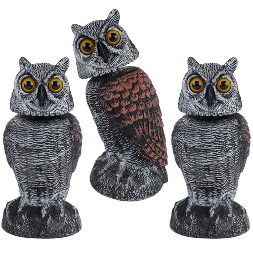 Hausse 3 Pack Bird Scarecrow Fake Owl Decoy Sculpture, Rotating Head Plastic Owl Bird Deterrents, 10.6 Inch Height Nature Enemy Horned Pest Repellent for Outdoor Garden Yard - Image 1