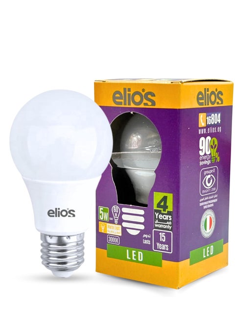 LED Bulb 5W , 3000K Daylight White , Standard E27 Base , Suitable Brightness Up to 525 Lumens , Energy Efficient and Ideal for Soft Lighting and Small Corners , Lifespan Up to 25,000 Hours , Suitable for Bedrooms, Hallways and Decorative Lighting