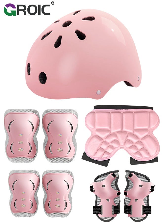 GROIC 8 Pcs Kids Helmet Set with Knee Pads Elbow Pads Wrist Guards Hip Pads, Sports Protective Gear Set for Toddlers, Adjustable Helmet for Girls & Boys for Sport Cycling Bike Roller Skating Scooter - Pink - Image 1