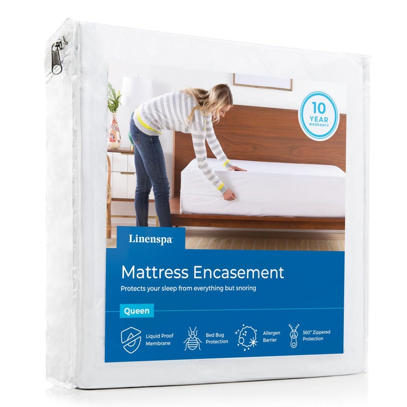 Linenspa Zippered Mattress Encasement  Waterproof  Bed Bug Proof  Premium Noiseless  Absorbent Cover  Full White
