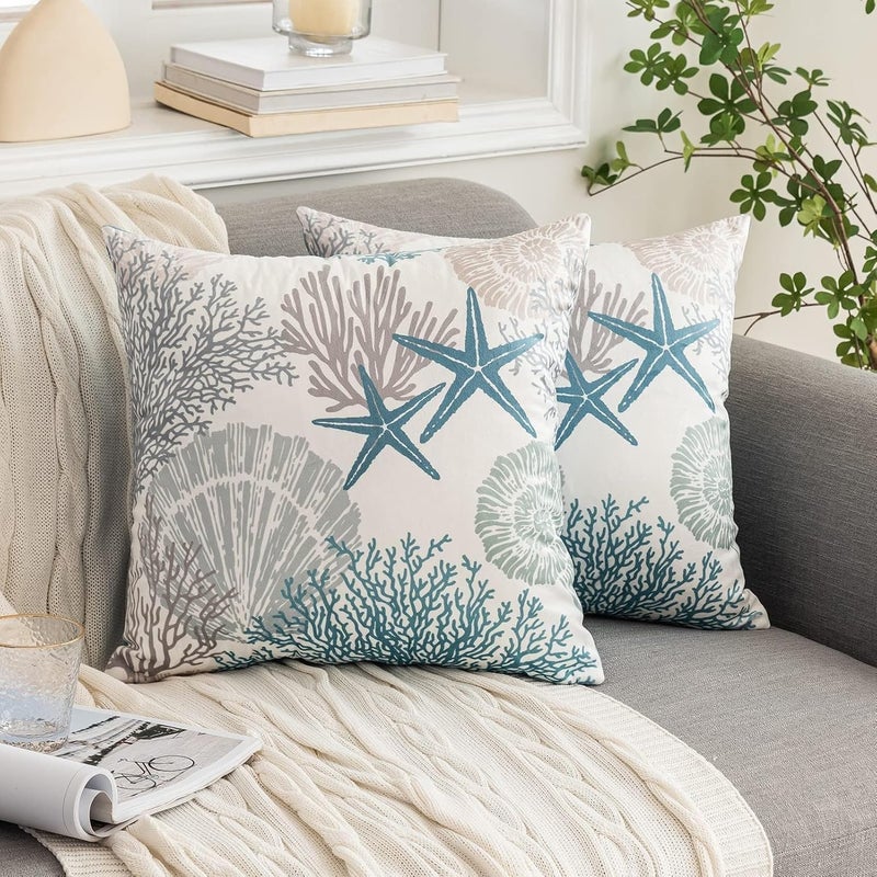 Nautical Coastal Throw Pillow Covers Set of 2 Ocean Themed Beach Seashell Coral Starfish Velvet Couch Pillow Cases Outdoor Sofa Cushion Cover Modern Decor for Bed Living Room, 18" x 18", Blue - Image 2