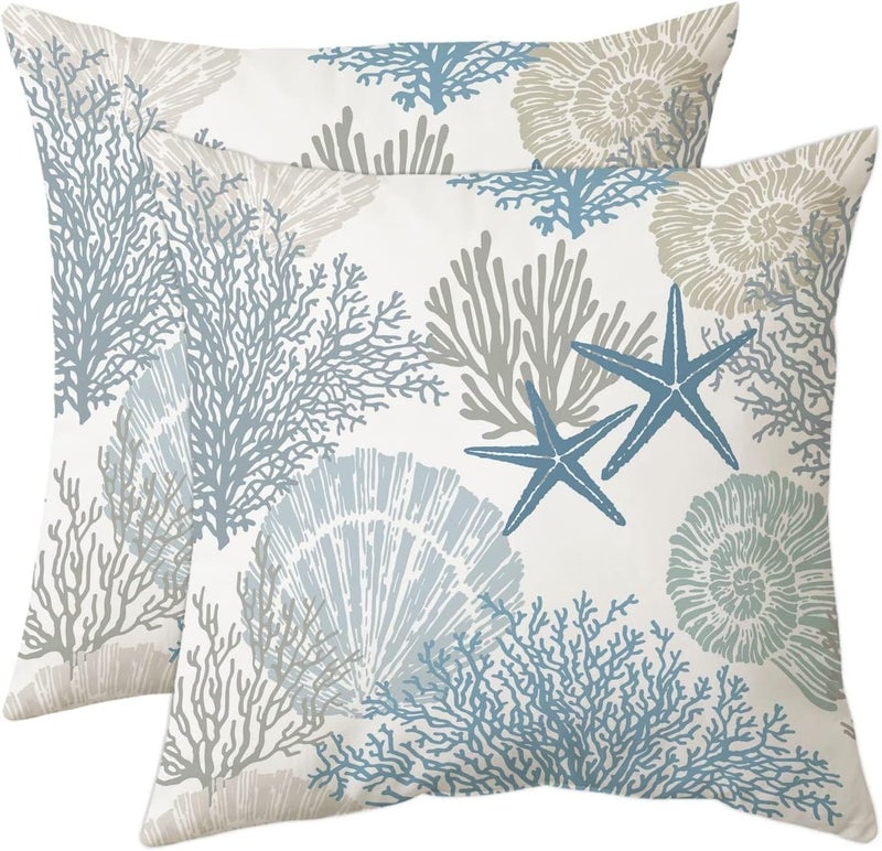 Nautical Coastal Throw Pillow Covers Set of 2 Ocean Themed Beach Seashell Coral Starfish Velvet Couch Pillow Cases Outdoor Sofa Cushion Cover Modern Decor for Bed Living Room, 18" x 18", Blue - Image 1