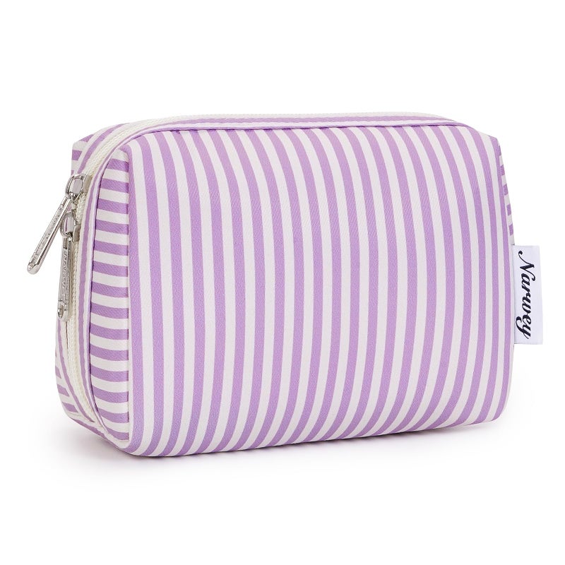 Narwey Small Striped Makeup Bag for Purse Mini Cosmetic Bag Travel Makeup Pouch Zipper Pouch Cute Make up Bags with Compartments for Women Girls (Purple Stripe, Small) - Image 1