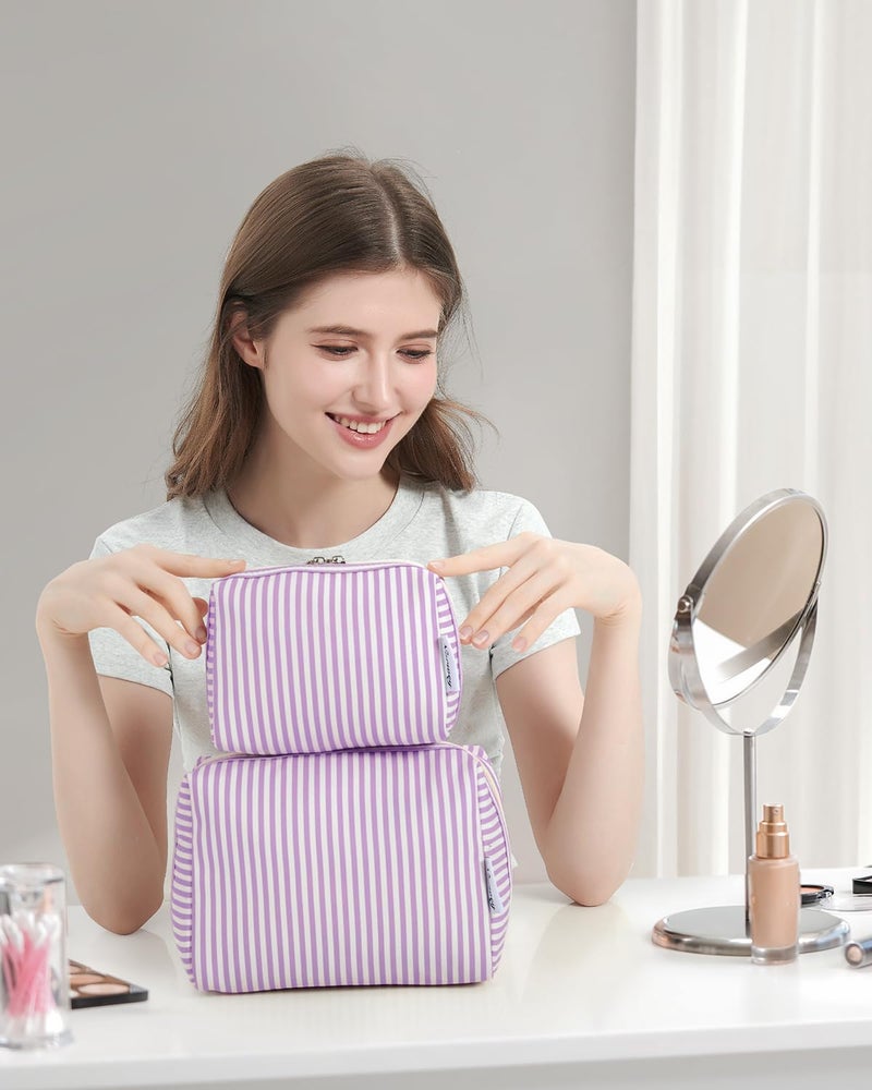 Narwey Small Striped Makeup Bag for Purse Mini Cosmetic Bag Travel Makeup Pouch Zipper Pouch Cute Make up Bags with Compartments for Women Girls (Purple Stripe, Small) - Image 5