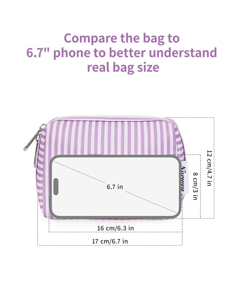 Narwey Small Striped Makeup Bag for Purse Mini Cosmetic Bag Travel Makeup Pouch Zipper Pouch Cute Make up Bags with Compartments for Women Girls (Purple Stripe, Small) - Image 4