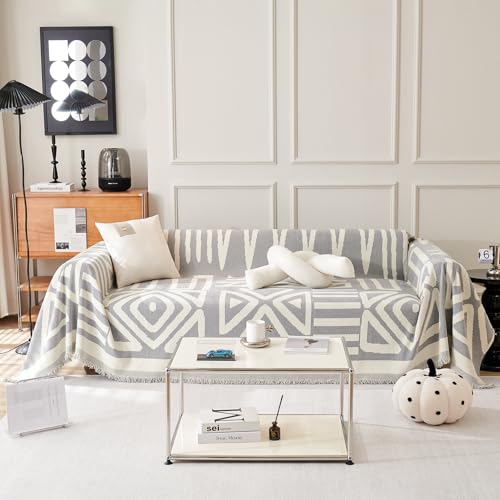 VClife Boho Couch Cover Sofa Cover Washable Couch Covers for 2 Cushion Couch Sofa Non Slip Couch Covers Washable for Dog Soft Chenille Couch Cover with Tassel Gray White Geometry Jacquard 71x118