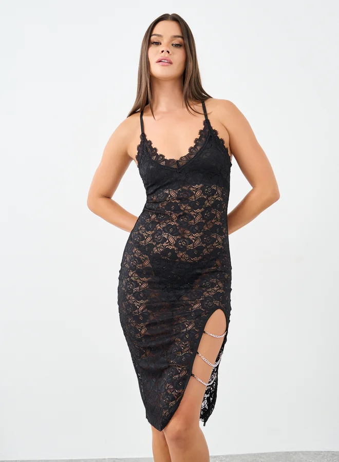 ستايلي Styli Floral Lace Slip Dress with Thigh Slit Chain Detail and Thong Set
