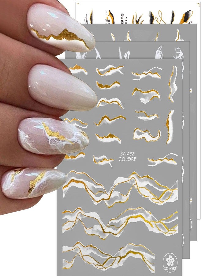 TOROKOM 12 Sheets Nail Art Stickers Decals,TOROKOM Self-Adhesive White Black Gold Stripe Line Nail Decals Marble Wave Nail Sticker Supplies for 3D Nail Design Nail Accessories for Women French Nail Decoration - Image 1