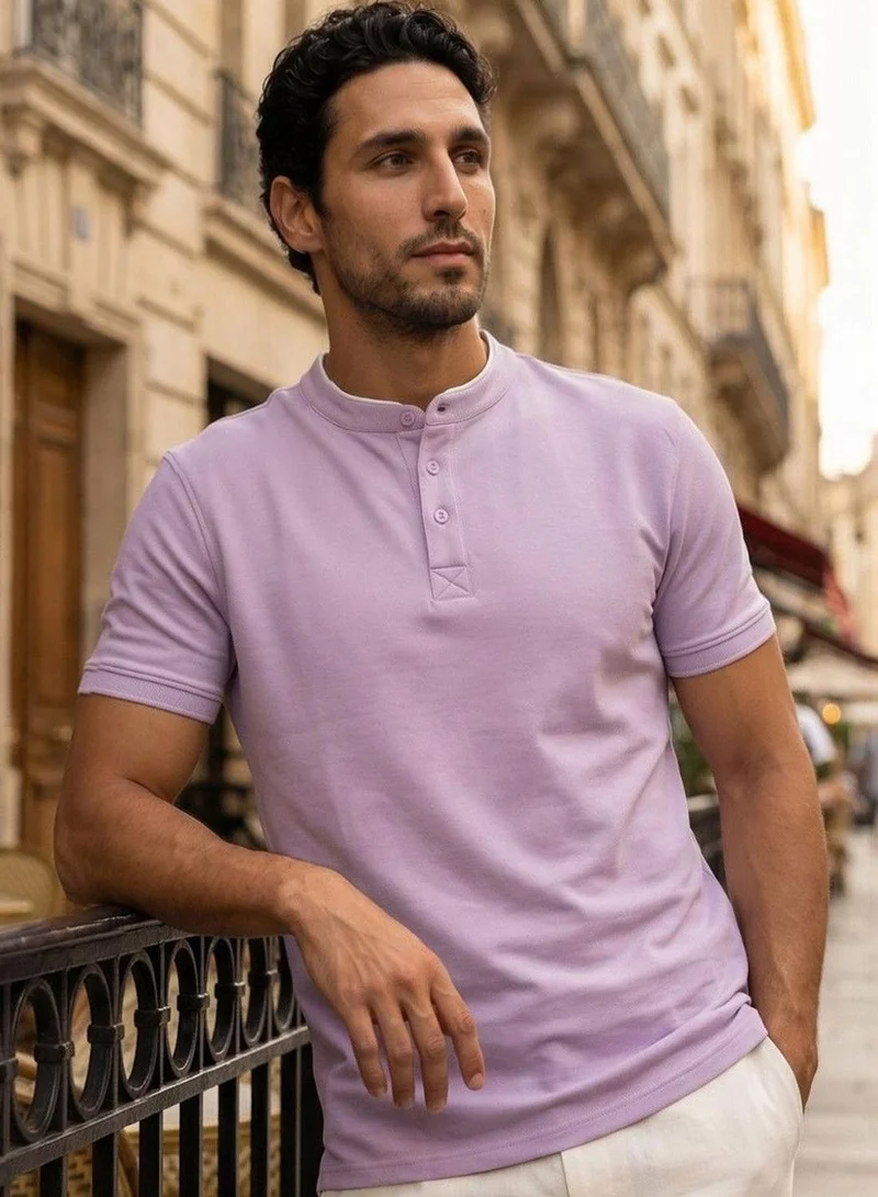دينيس لينغو Men Lilac Cotton Blend Solid Regular T-Shirt