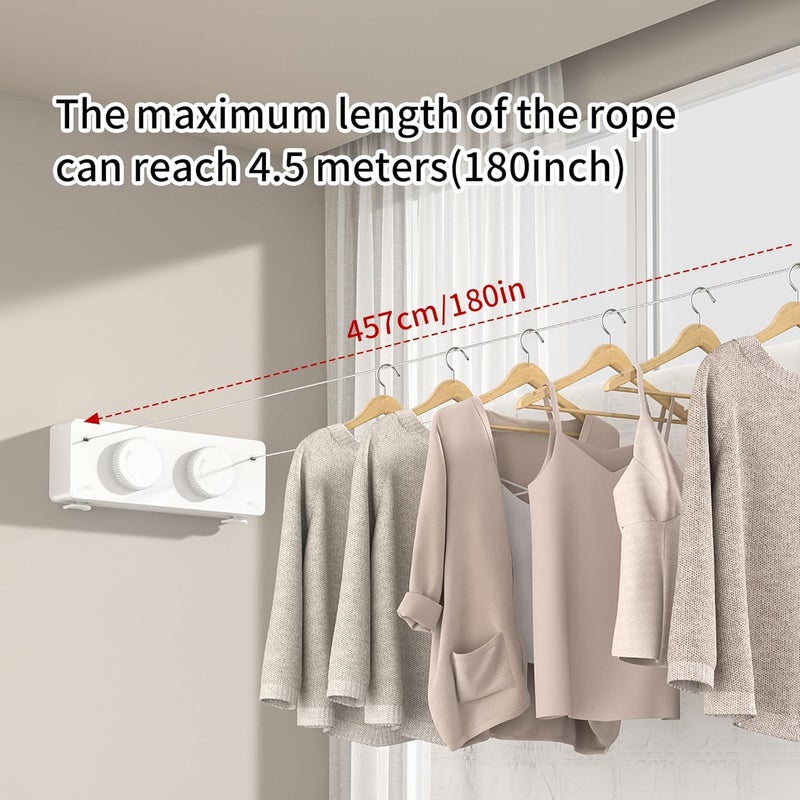 JOOM Retractable Clothesline Heavy Duty Clothes Drying Laundry Line Wall Mounted Easy Hanging Clothes Drying Laundry Line Retracting Hanging Lock to Prevent Sagging (Two line,White) - Image 5