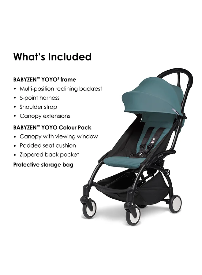 BABYZEN Yoyo Stroller Includes Harness, Backrest, Hood Extensions, Shoulder Strap, Storage Bag, Seat Cushion And Matching Canopy (Black Frame With Aqua 6+ Colour Pack)