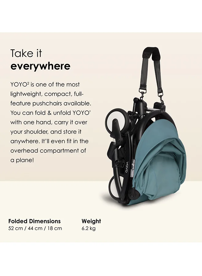 BABYZEN Yoyo Stroller Includes Harness, Backrest, Hood Extensions, Shoulder Strap, Storage Bag, Seat Cushion And Matching Canopy (Black Frame With Aqua 6+ Colour Pack)