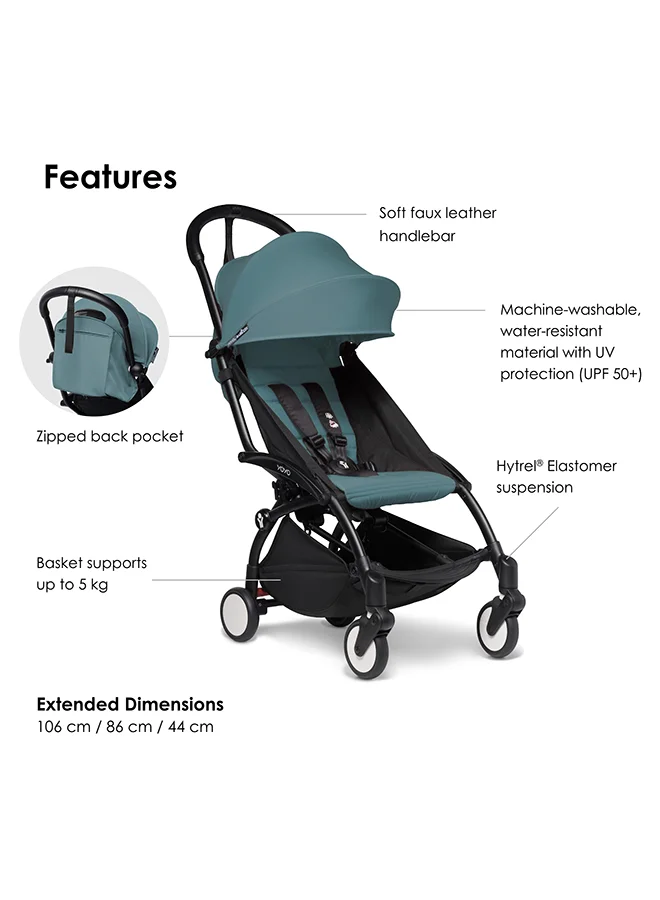 BABYZEN Yoyo Stroller Includes Harness, Backrest, Hood Extensions, Shoulder Strap, Storage Bag, Seat Cushion And Matching Canopy (Black Frame With Aqua 6+ Colour Pack)
